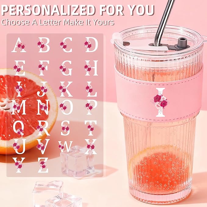 Personalized Gifts for Women,20oz Ribbed Glass Tumbler,Monogrammed Gifts for Women,Birthday Gift,Ice Coffee Mug,Christmas Gift for Mom Sister-I