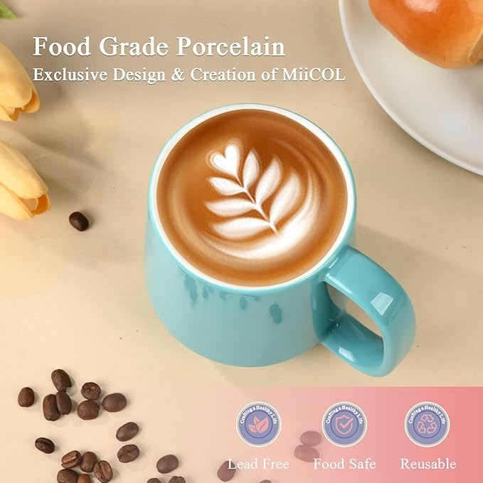 Miicol Ceramic Coffee Mug, 16 oz Large Coffee Cup, Tea Mug with Handle, Flat Bottom Mug for Men, Women, Office, Microwave and Dishwasher Safe, Multi-Color, Mint Blue