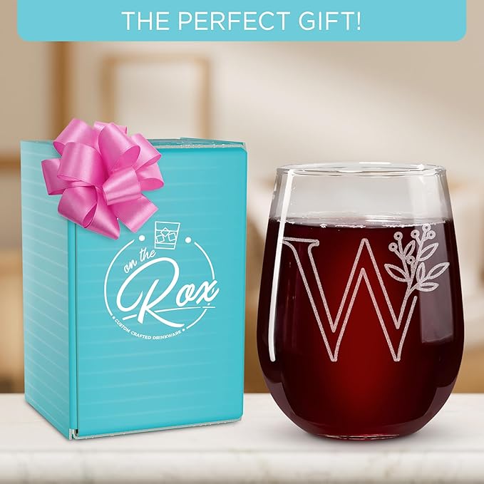 On The Rox Drinks Monogrammed Gifts For Women and Men - Letter A-Z Initial Engraved Monogram Stemless Wine Glass - 17 Oz Personalized Wine Gifts For Women and Men (W)