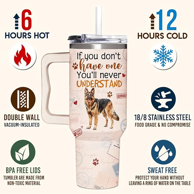 German Shepherd Tumbler 40oz With Handle - Christmas Gifts for Dog Lovers and Owners - GSD Gift for Birthday, Mother's Day
