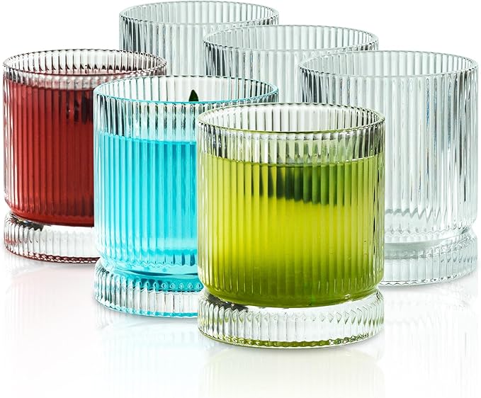 Ribbed Glass Cups Set, 13oz Vintage Drinking Glassware Set, 6 Piece Premium Glassware, Elegant Mixed Glassware Set, Origami Style Cocktail Glasses, Great for Whisky, Iced Coffee & Beverages (6PCS)