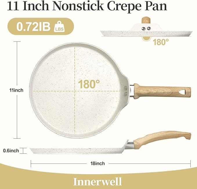 Innerwell 11 inch Nonstick Crepe Pan, Granite Coating Flat Skillet Dosa Tawa Tortilla Pan, White Large Pancake Griddle Comal Pan, Compatible with All Stovetops, PFOA Free