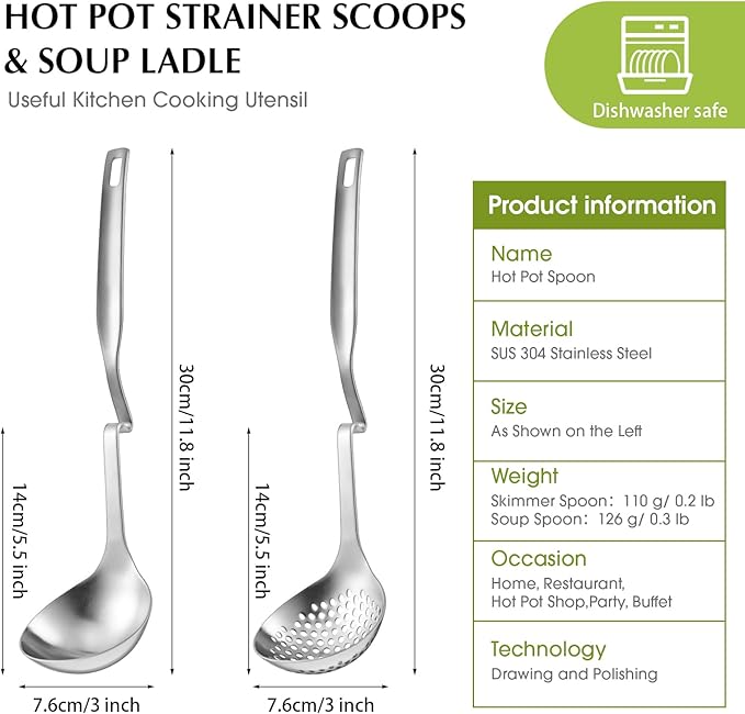 Patelai Hot Pot Slotted Ladle Set Stainless Steel Soup Ladle Strainer Scoops Cooking Skimmer Cookware Utensil for Hotpot Scooping Sauce Serving, 12 Inch(6 Pcs,Silver)