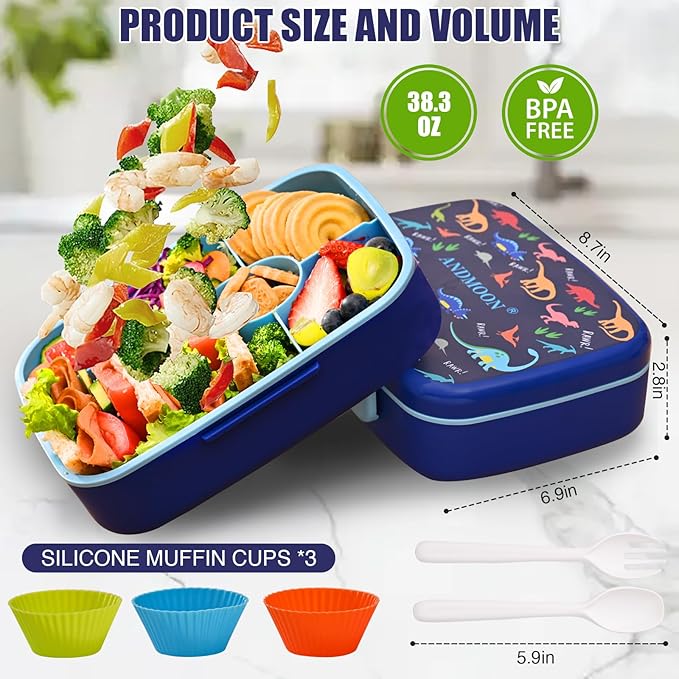 Bento Box for Kids Lunch Box Leak-Proof, Bento Lunch Box with 5 Compartments, Lunch Containers with 3 Silicone Baking Cups, Microwave/Dishwasher Safe (Blue Dinosaur/43OZ)