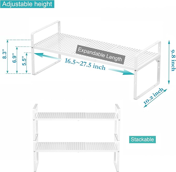 iPEGTOP Large Expandable Cabinet Storage Shelf Organizer Rack, Heavy Duty Stackable Steel Metal Spice Rack Adjustable Height Home Office Pantry Garage Shelf for Counter Kitchen, White - 1 Pack