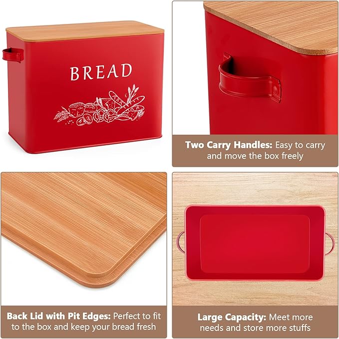 P&P CHEF Bread Box for Kitchen Counter, Metal Bread Storage Bin with Wooden Cutting Lid, Large Capacity for Holding 2+ Loaves, Retro Modern Style, Size 13” x 7.2” x 9.7”, Red