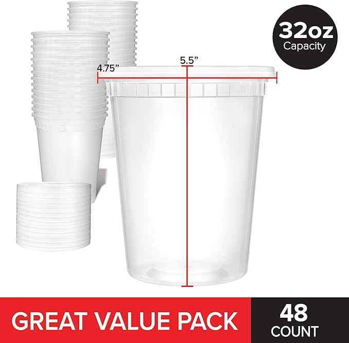 Stock Your Home 32oz Plastic Deli Containers with Lids (48 Pack), Disposable Plastic Food Storage Containers with Lids, Reusable Freezer Containers, To Go Soup Containers, Microwave Safe