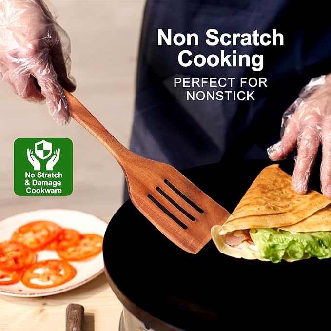 Wooden Kitchen Utensils Set 5 Piece Teak Wood - Non Scratch & Non Toxic Cooking Tools with Turner, Slotted Spatula, Angled Spatula, Serving Spoon, Salad Spoons