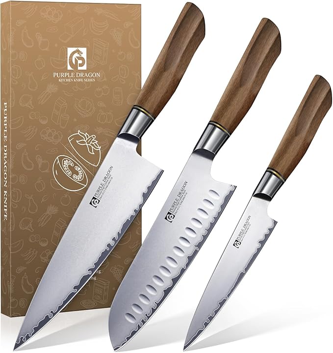 Purple Dragon Knife Set, 3Pcs Kitchen Knives Set, German VG10 Steel Japanese Chef Knives 7.8 Inch Santoku Knife 7 Inch Utility Knife 5.1 In, Razor-Sharp Knives Christmas Gift for Men and Women