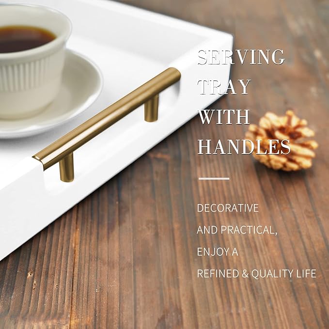 Wooden Decorative Coffee Table Tray, 16" Matte Finish Serving Tray with Handles for Ottoman, Living Room, Perfume, Vanity Dresser Organizer (Ivory White)