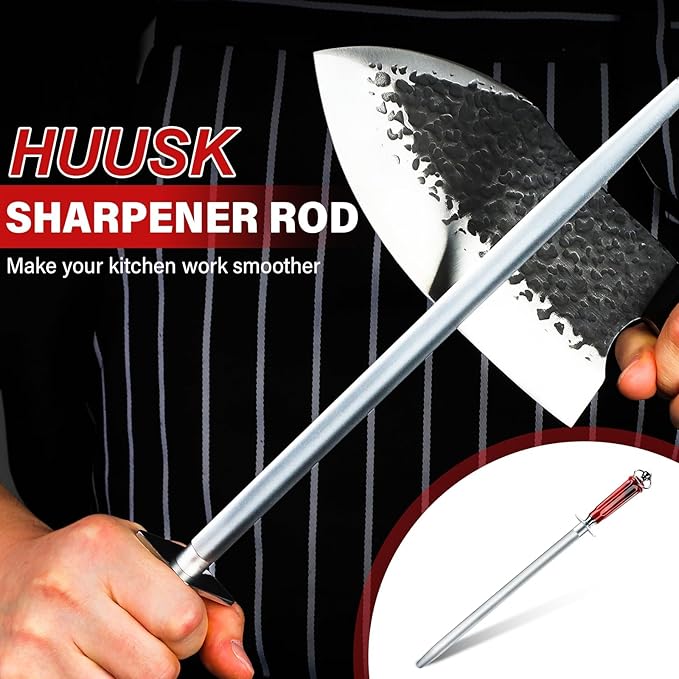 Huusk 12" Knife Sharpener Rod - High Carbon Knife Steel Sharpener, Kitchen Knife Sharpeners with Magnetized Tips, 3200 Grit Sharpening Steel (Flat) Christmas Gift for Men and Women
