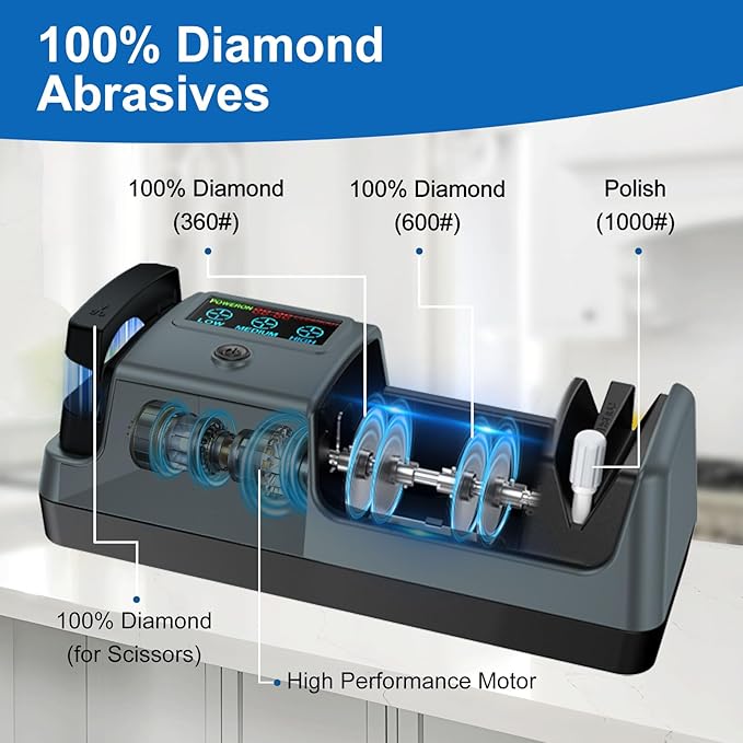 5-in-1 Electric Knife Sharpener for Kitchen Knives, 3-Stage Sharpener with 100% Diamond Abrasive, LCD Screen, Speed Adjustable, Knife Sharpener for All Kitchen Knives Quick Sharpening, Scissors