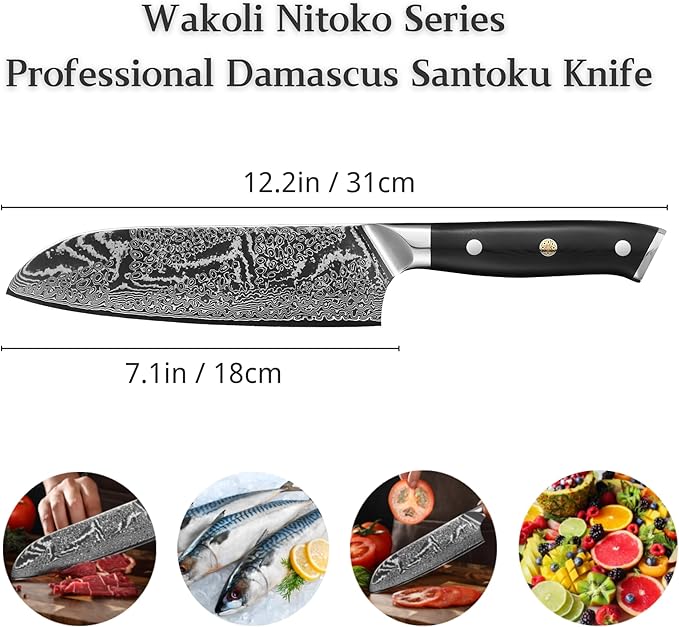 Wakoli Nitoko Santoku Knife – 7.1-Inch Professional Damascus Kitchen Knife | 67-Layer VG10 Core Steel Blade | Ergonomic G10 Handle | High-Performance Japanese-Style Chef’s Knife in Gift Box