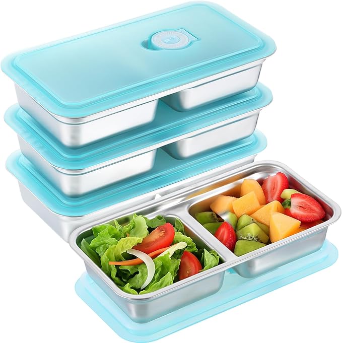 4PCS Metal Snack Containers with Lids, Reusable Stainless Steel Double Compartment Snack Box, Grab and Go Food Containers Compartment box with Lids For Travel and Outdoor Camping