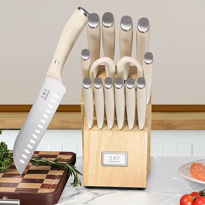 Professional Kitchen Knife Set, Chef Knife Block Set German Stainless Steel Razor-sharp Blade, Ergonomic Comfortable Handle,Hundreds of Years of Masterful Craftsmanship(Ivory,15PCS)
