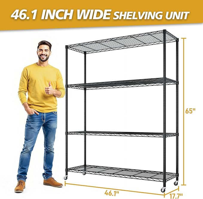 Karl home 4-Tier Storage Shelving with 2" Wheels, Adjustable Metal Shelves Wire Storage Rack for Garage Kitchen Basement,800LBS Capacity 64.96" H X 46.06" W X 17.7" D,Black