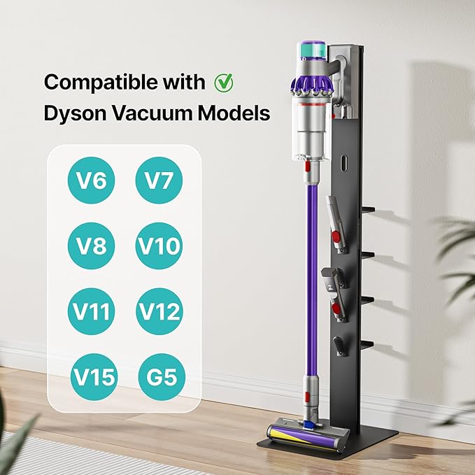 Vacuum Cleaner Stand, Compatible with Dyson Gen5 V15 V12 V11 V10 V8 V7 V6, Floor Cordless Vacuums Attachment Holder with 4 Hooks and 4 Shelves, Metal Storage Bracket Organizer, Black