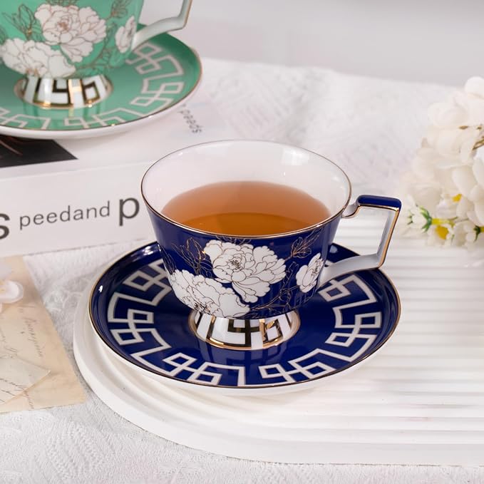 KAMMAK Ceramic Coffee Cups Saucers Set of 2, Porcelain Espresso Cups with Saucers, 8.12 oz Handcrafted Elegant Bone China Tea Cups, Peony Flower Pattern Teacup for Party, Office, Women Gift