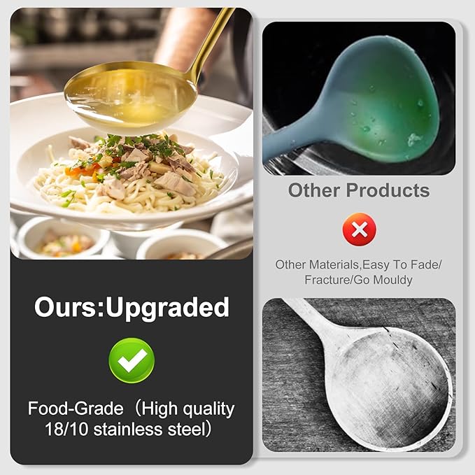 Gold Soup Ladle and Spaghetti Spoon Set - 18/10 Stainless Steel Soup Spoon，Pasta Strainer, [Heat Resistance，Integral Forming] Kitchen Utensils for Cooking，Stirring, Serving Pasta, Soup & Sauce，13.8"