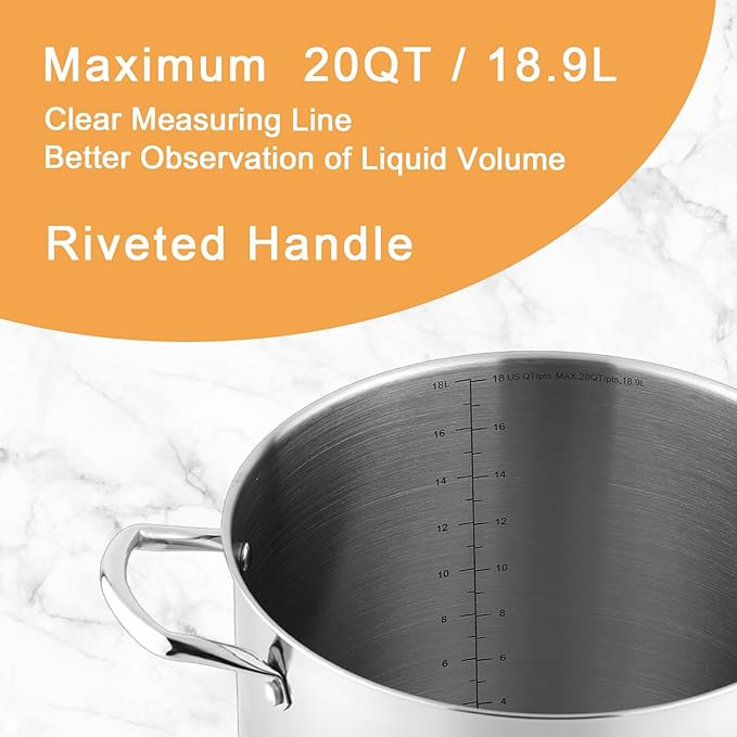 GreatChef Stock Pot Stainless Steel for Cooking Riveted Handle, Heavy Duty Vessel,Induction Compatible All Cooktops in Use, Dishwasher & Oven Safe (20 Quart)