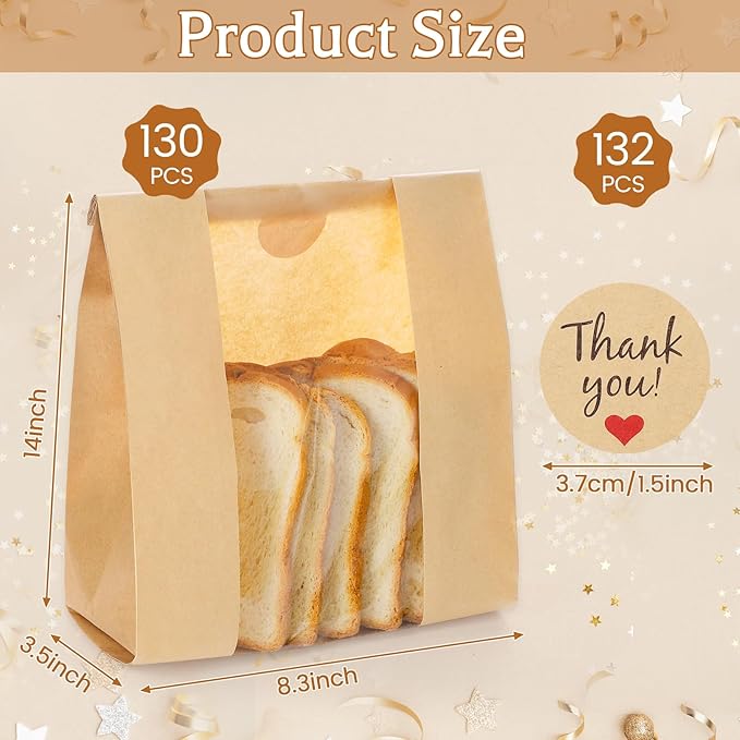 130 Pack Homemade Bread Sourdough Bags, 14" x 8.3" x 3.5" Large Paper Bread Bag with Tin Tie Tab Lock Clear Front Window Stickers for Bakery Storage Christmas Thanksgiving Harvest Party