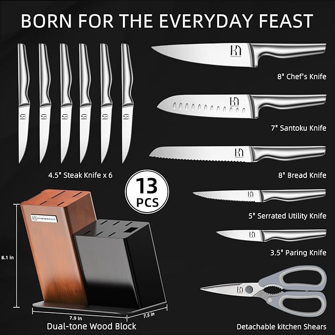 Magnetic Knife Block Set, 13-Piece | Japanese Stainless Steel Kitchen Knives with Dual-Tone Block
