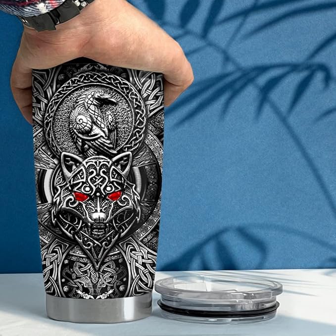 SANDJEST Wolf Tumbler Raven Viking 20oz Tumblers with Lid Gift for Men Dad Son Father Husband Christmas Birthday
