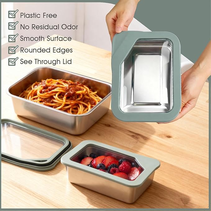 Stainless Steel Food Storage Container with Glass Lids, 3 Pack Nested Lunch Boxes, Airtight Lid Food Container for Sandwiches, Snacks, Meal Prep and Kitchen Storage