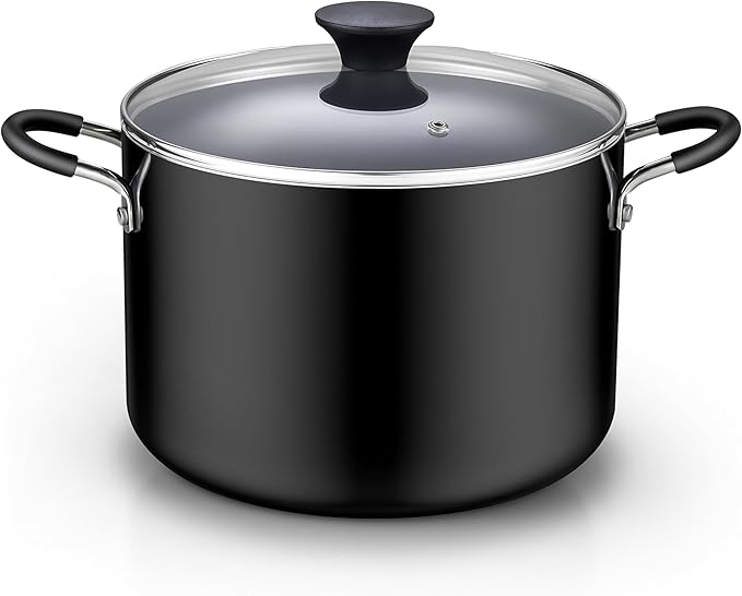 Cook N Home Nonstick Stockpot with Lid 8-QT, Professional Deep Cooking Pot Canning Cookware Stock Pot with Glass Lid, Black