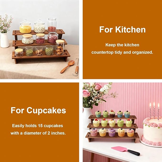 3 Tiered Tray Stand, Wooden Cupcake Stand, Perfume Organizers, Cologne Organizer for Men, Display Risers for Dessert, Spice, Candles, Matcha Station, No Tools Required to Install, 2 Pack