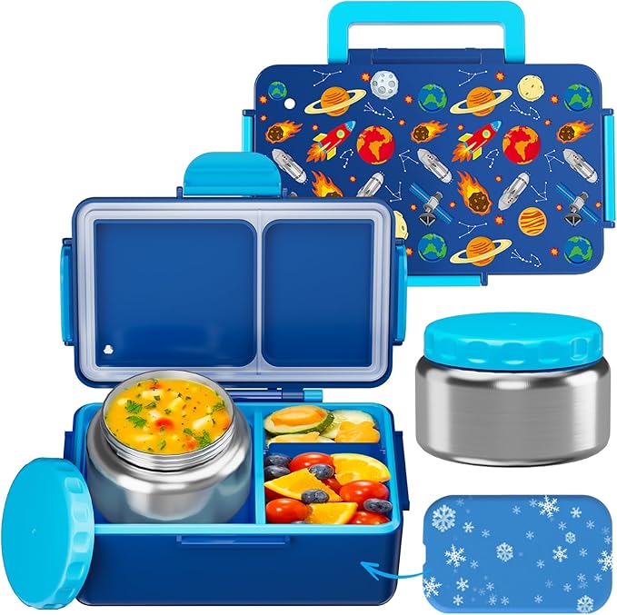 SHPMXUPW Kids Bento Lunch Box – 12 oz Stainless‑Steel Soup Thermo & 3‑Compartment Leak‑Proof Food Container with Built‑In Ice Pack, Insulated Food Jar for Boys & Girls, School & Travel