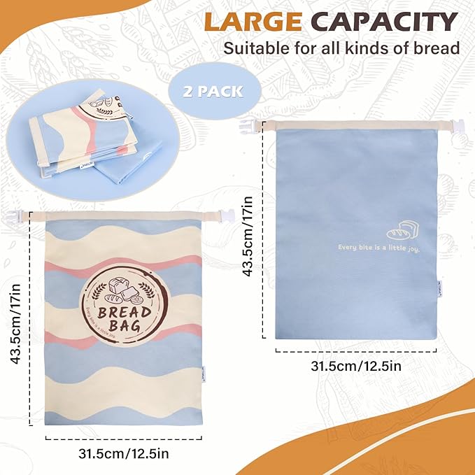 Reusable Bread Bags (2-Pack) – XL Cotton Zipper Bags with Plastic Lining for Sourdough & Homemade Bread Storage - Great Gift for Bakers