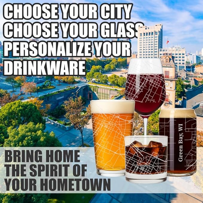 Blue Ridge Mountain Gifts - Greenbay Souvenir - Wisconsin Glassware Gift, Etched City Map, Laser Engraved and Dishwasher Safe
