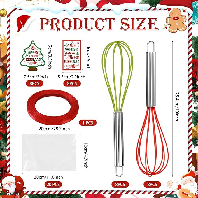 16 Sets 10 Inch Christmas Whisks Gifts with Ribbons Greeting Cards Bags,Christmas Red Green Silicone Whisks For Cooking,Egg Beaters Cooking Supplies For Xmas Candy Holder Neighbor Employee Gifts