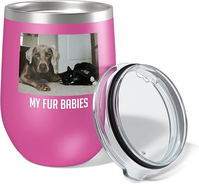 Personalized Mothers Day 12oz Photo Printed Insulated Stainless Steel Powder Coated Stemless Wine Tumbler with Lid, Customized Mum Gift Idea for Women Her, Custom Mom Coach Gifts Team (Pink)