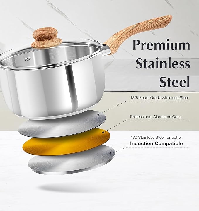 KOCH SYSTEME CS Stainless Steel Saucepan with Steamer Insert, Premium 18/10 Stainless Steel Pot 3 Quart with Cool-Touch Handle, 3 Quart Sauce Pan with Lid, Induction Compatible, Dishwasher Safe