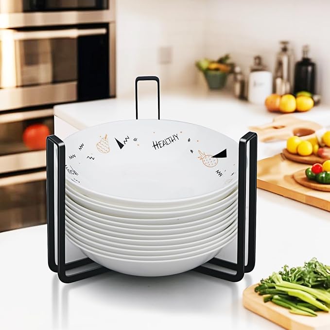 Dinnerware Bowl Plate Holder Fit for 6.5 Inches Diameters Bowl, Metal Bowl Storage Dying Display Rack for Kitchen Drawer, Countertop, Cabinet, Shelf, Cupboard (Black, Small 2PCS+Large 2PCS)