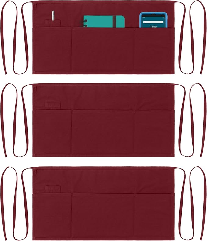 Dreamology Waitress Apron,Aprons for Women With Pockets,Server Aprons with 3 pockets,Apron For Men and Women,Gardening and Waist Apron,Server aprons with 3 pockets - Maroon Waist Apron (3 Pack)