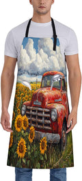 Vintage Red Truck Apron for Women, 28x33in, Kitchen Chef Aprons with 2 Pockets, Polyester, Rustic Sunflowers Apron for Cooking BBQ Baking Gardening Chef, Gifts for Mom Wife Dad