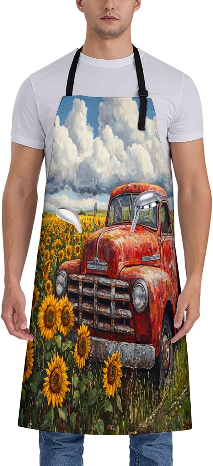 Vintage Red Truck Apron for Women, 28x33in, Kitchen Chef Aprons with 2 Pockets, Polyester, Rustic Sunflowers Apron for Cooking BBQ Baking Gardening Chef, Gifts for Mom Wife Dad