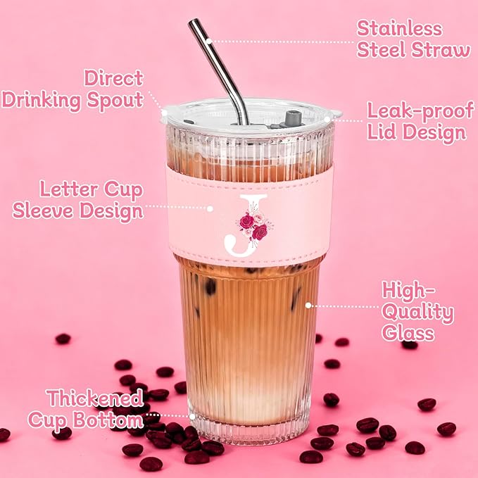 Personalized Gifts for Women,20oz Ribbed Glass Tumbler,Monogrammed Gifts for Women,Birthday Gift,Ice Coffee Mug,Christmas Gift for Mom Sister-J