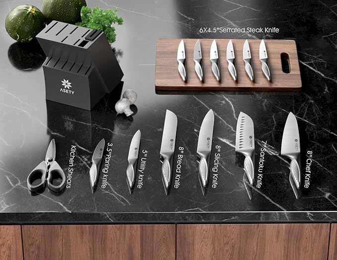 Knife Set - Ultra Sharp Knives Set for Kitchen with block, 15 PCS Stainless Steel Knife Set with Built-in Sharpener, Ergonomic Non-Slip Handle, Christmas Elegant Box for Men Women, Steel Gary