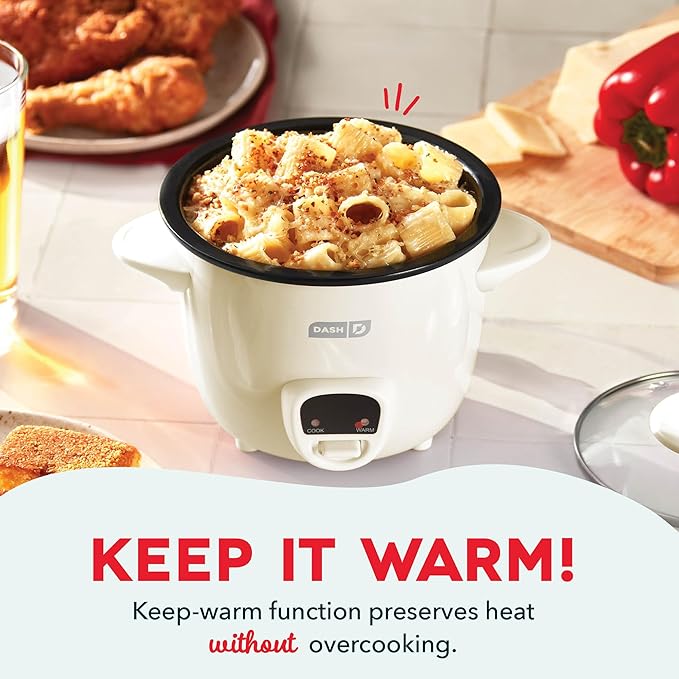 Dash Mini Rice Cooker Steamer with Removable Nonstick Pot, Keep Warm Function & Recipe Guide, 2 cups, for Soups, Stews, Grains & Oatmeal - Cream