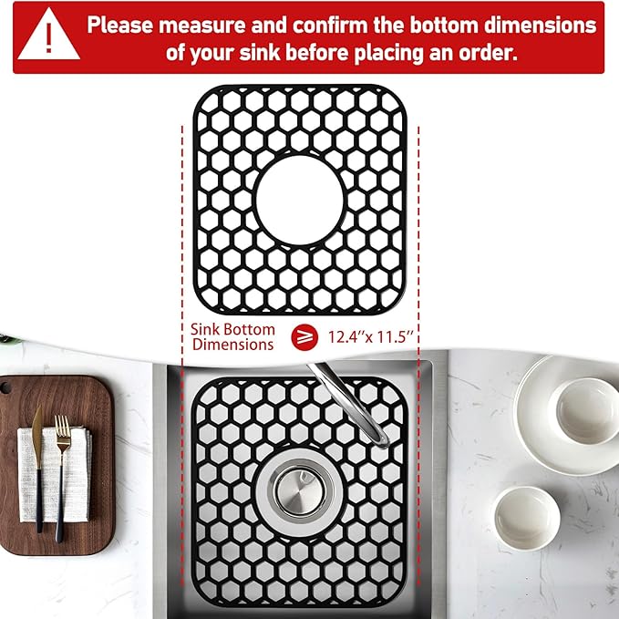 2 Pack Silicone Sink Protectors for Kitchen Sink - 12" x 11" Kitchen Sink Grid Accessory, Non-Slip Heat-Resistant Mat for Bottom of Porcelain Stainless Steel, Dishwasher Safe (Black)