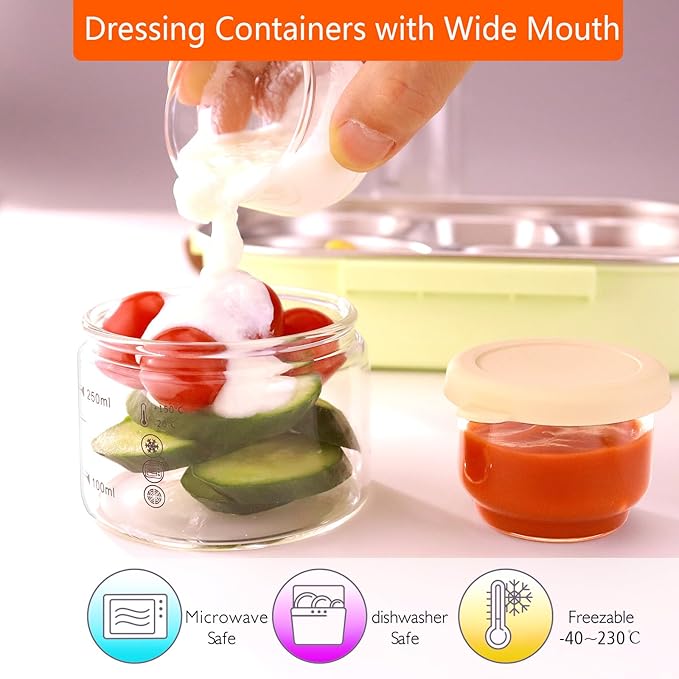 Salad Dressing Container To Go, 2.7 oz Glass Small Condiment Container with Lids, Dipping Sauce Cups for Lunch Box, Leakproof Reusable Sauce Containers, Salad Jars Meal Prep (2.7oz×2pcs)