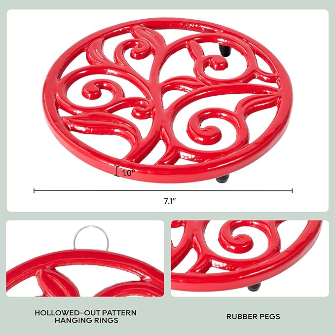 JOGREFUL Cast Iron Trivet Mats, Kitchen Pot Holders to Portect Table/Countertops, Heat Resistant Mats for Teapot/Hot Dishers/Plates, Vintage Mats with Weighted-Base, Vine Pattern, Red