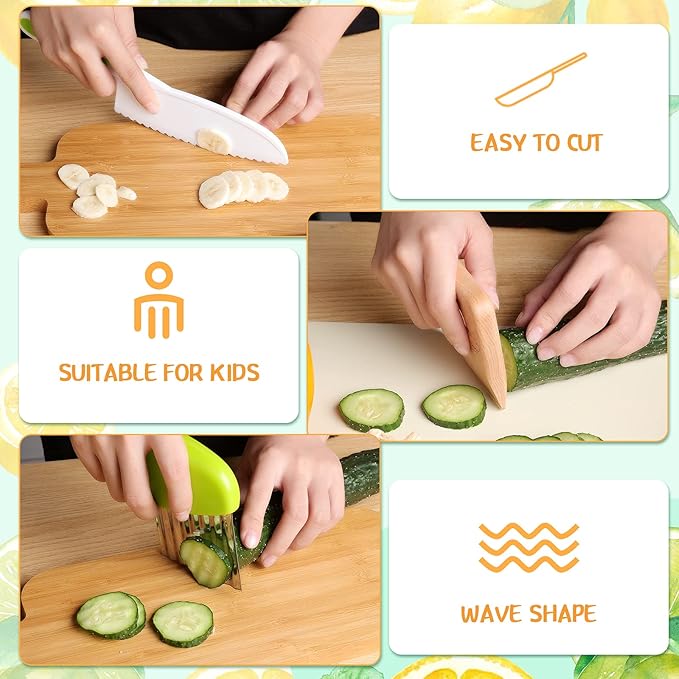 7 Pieces Christmas Wooden Kitchen Knife for Kids Include Plastic Potato Slicers Cooking Knives Serrated Edges Toddler Knife Kids Plastic Knife Resistant Gloves for Kitchen Children (Crocodile)