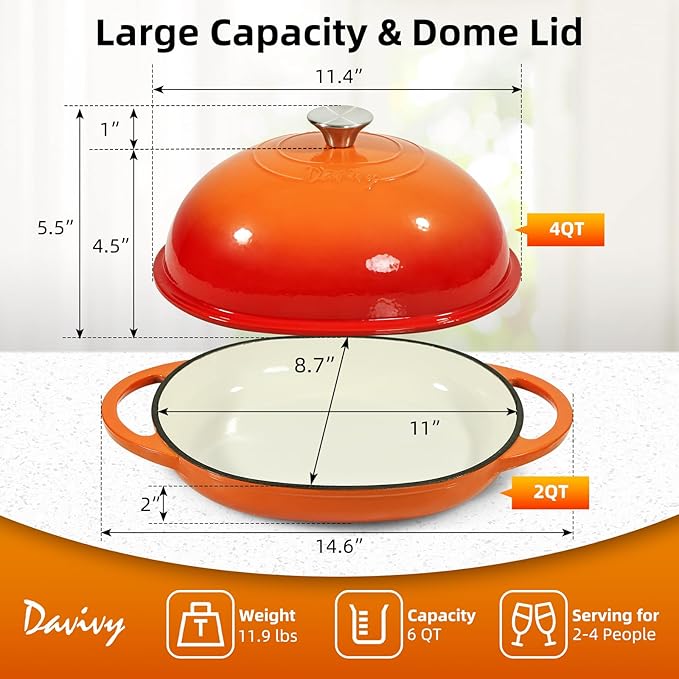 Davivy 6QT Oval Sourdough Bread Dutch Oven with Silicone Oven Mitts, Cast Iron Bread Pan Sourdough Pan with Lid, Enameled Cast Iron Bread Cloche Dutch Oven- Flame Orange
