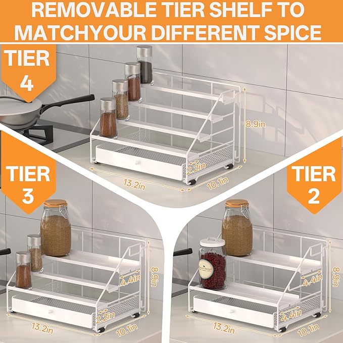 Spice Rack Organizer with Drawer: 5 Tier Spice Organization for Cabinet, Depth Adjustable Metal Shelf for Kitchen Countertop, Cupboard, Pantry, Holds Seasoning and Condiments (White)
