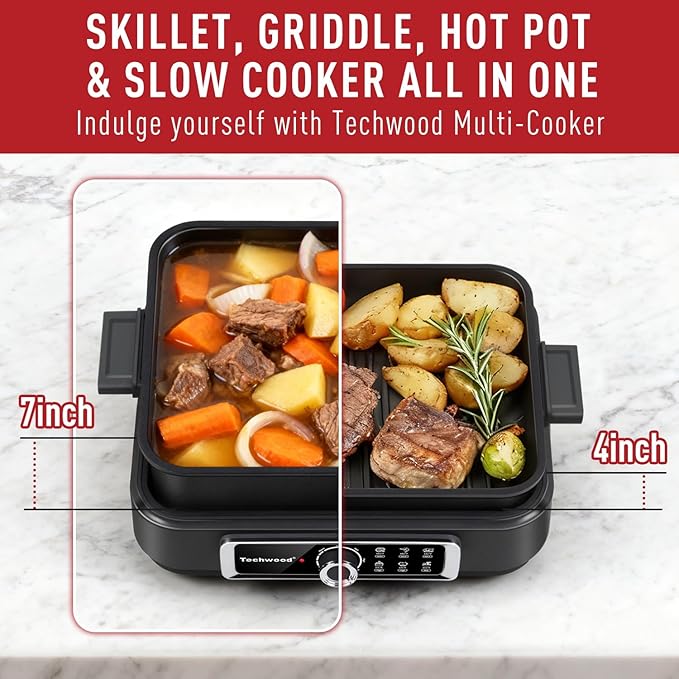 Slow Cooker, Techwood 7.5-Quart Multi-Cooker with 5-Level Heat Settings, Come with Non-stick Skillet Pan & Cooking Pot, Dishwasher Safe, Black